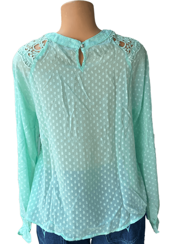 Vista de espalda (dos de dos). Blusa transparente verde de manga larga con detalles de encaje en los hombros.