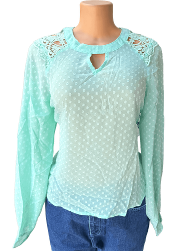 Vista de frente (dos de dos). Blusa transparente verde de manga larga con cuello redondo y encaje en los hombros.