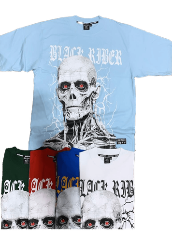 Camiseta con diseño impreso de esqueleto robótico y letras "Black Riber". Varios estilos enseñados.