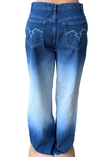 Vista de atrás (uno de dos). Pantalón de jean ancho con efecto lavado y detalles en azul marino.