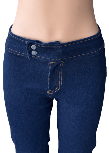 Pantalón de mezclilla plano en color azul marino. Vista delantera del pantalón, mostrando detalles de botones en la cintura.