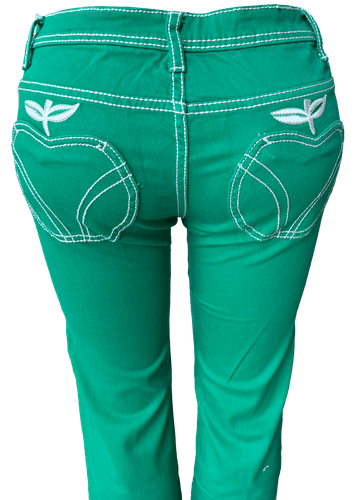 Pantalón regular de color verde con bolsillos traseros decorados con bordados en forma de manzanas. Costuras visibles en blanco que contrastan con el fondo verde. - Espalda (dos de dos).